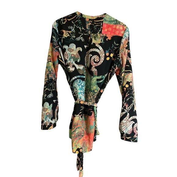 Women's Calvin Klein 1/2 Button Tie Front Hawaiian Print Blouse Kimono Medium - Picture 2 of 4
